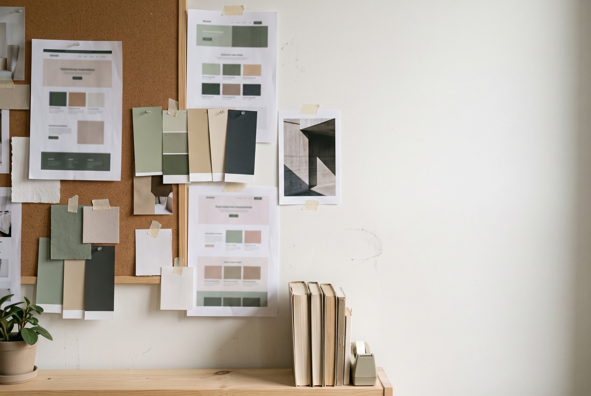 Moodboard wall with printed website layouts, colour swatches and books