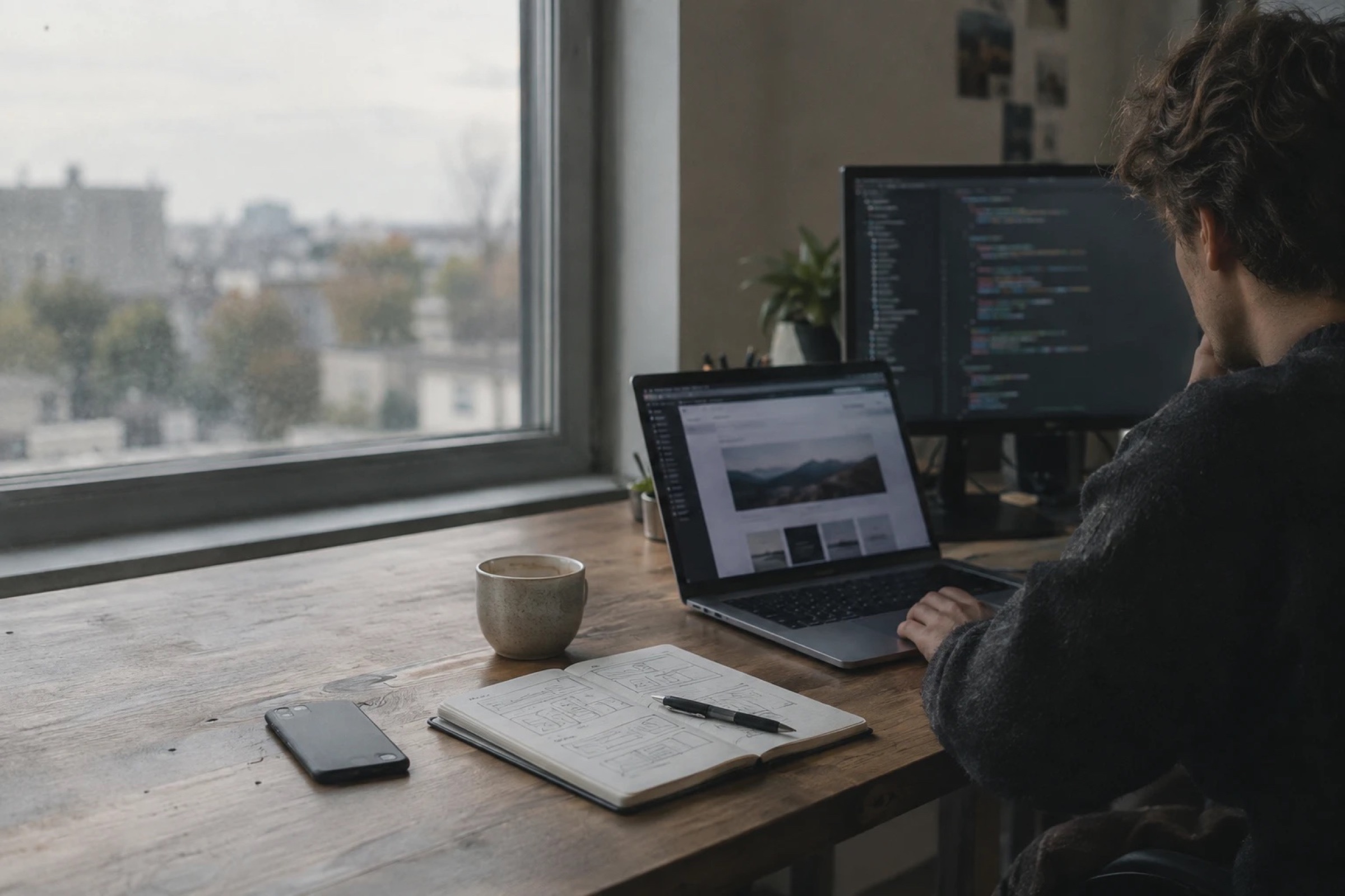 A web developer working on a laptop and monitor at a desk by the window