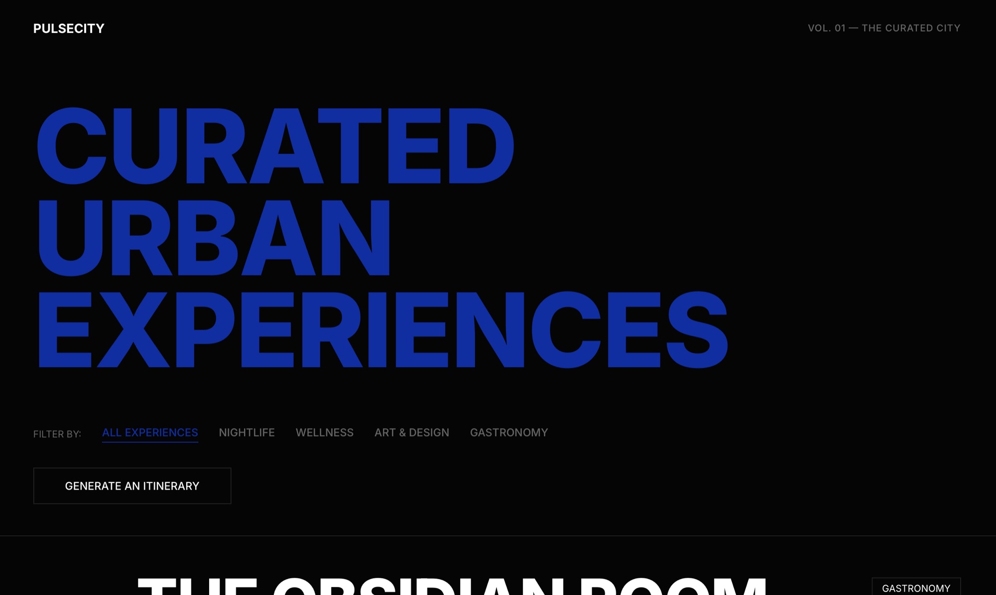 PulseCity landing page — Curated Urban Experiences